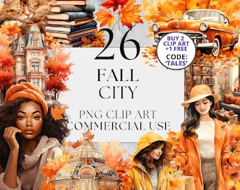 Peut inclure: Un ensemble de 26 images clipart numériques sur le thème de l'automne pour un usage commercial. L'ensemble comprend un immeuble de ville, une serre, une voiture, une femme portant un chapeau, une femme portant un imperméable et une femme portant une écharpe. L'illustration est de style aquarelle avec des couleurs d'automne comme l'orange, le jaune et le brun.