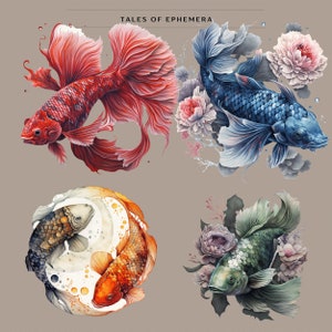 Op de afbeelding: Vier aquarellen van vissen met bloemmotieven. De eerste afbeelding toont een rode betta met roze en rode bloemen. De tweede afbeelding toont een blauwe betta met roze en witte bloemen. De derde afbeelding toont twee oranje en zwarte koi-vissen in een yin-yang symbool. De vierde afbeelding toont een groene betta met paarse en witte bloemen.