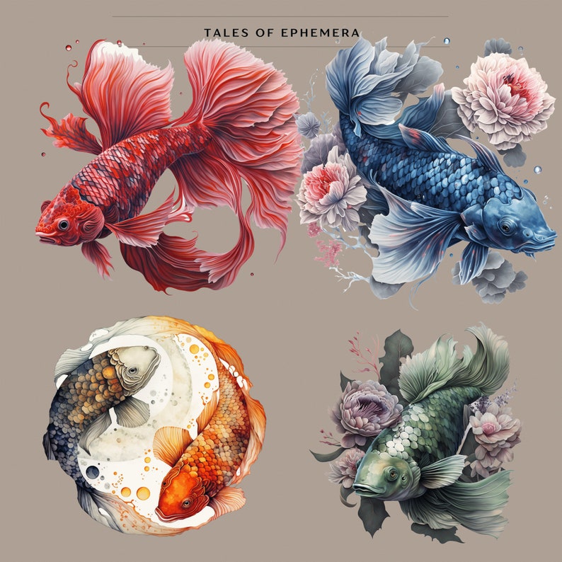 Op de afbeelding: Vier aquarellen van vissen met bloemmotieven. De eerste afbeelding toont een rode betta met roze en rode bloemen. De tweede afbeelding toont een blauwe betta met roze en witte bloemen. De derde afbeelding toont twee oranje en zwarte koi-vissen in een yin-yang symbool. De vierde afbeelding toont een groene betta met paarse en witte bloemen.
