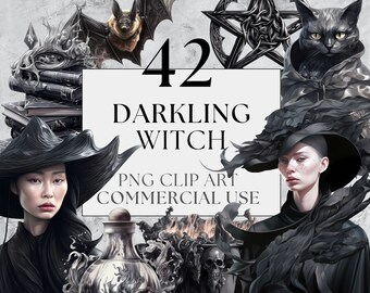 Darkling Witch Clipart, Witchy Halloween Gothic Clipart, Watercolor, Instant Download With Full Commercial Use, Dark Witch Cat PNG