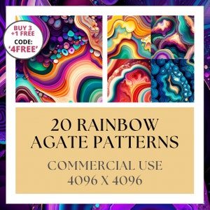 May include: 20 digital patterns featuring rainbow agate designs. Each pattern is 4096 x 4096 pixels.  BUY 3 + 1 FREE, CODE: '4FREE'.