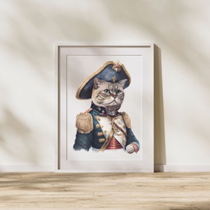 May include: A watercolor painting of a cat dressed as a military officer. The cat is wearing a blue and gold uniform with a red sash and a white hat with a gold trim. The cat has a serious expression on its face.