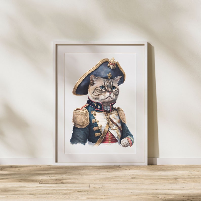 May include: A watercolor painting of a cat dressed as a military officer. The cat is wearing a blue and gold uniform with a red sash and a white hat with a gold trim. The cat has a serious expression on its face.