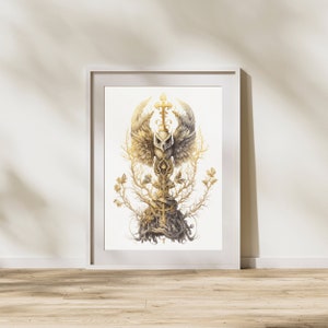 May include: A framed print of a golden owl with outstretched wings, surrounded by branches and a sword, on a white background.