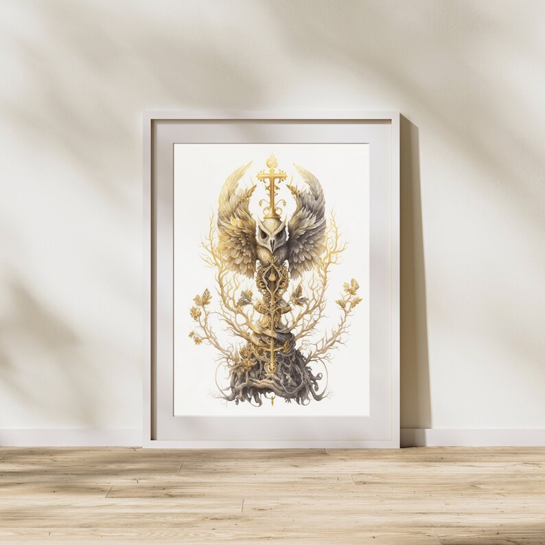 May include: A framed print of a golden owl with outstretched wings, surrounded by branches and a sword, on a white background.