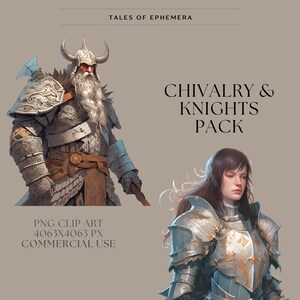 May include: Digital illustration of a knight in silver armor with a golden trim and a warrior with a white beard and a horned helmet. The image is labeled "Chivalry & Knights Pack" and "PNG Clip Art 4063x4063 px Commercial Use".