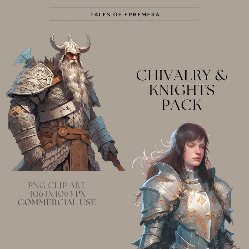 May include: Digital illustration of a knight in silver armor with a golden trim and a warrior with a white beard and a horned helmet. The image is labeled "Chivalry & Knights Pack" and "PNG Clip Art 4063x4063 px Commercial Use".