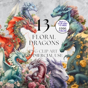 13 Floral Dragons Clipart, PNG, Full Commercial Use, Fantasy Clipart, Fairytale Dragon Clipart, Watercolor Clipart with Instant Download