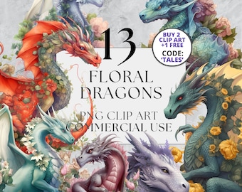 13 の花のドラゴンのクリップアート、PNG、完全商用利用、ファンタジーのクリップアート、おとぎ話のドラゴンのクリップアート、インスタントダウンロードできる水彩クリップアート