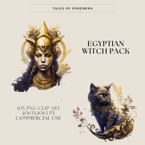 May include: A digital illustration set featuring an Egyptian witch with a golden crown and a black cat wearing a gold collar. The set includes 10 PNG clip art images, each measuring 4063 x 4063 pixels, for commercial use.