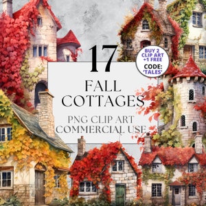 Bellissimo clipart Fall Cottages, PNG, uso commerciale completo, acquerello accogliente autunno Cottagecore Clipart, con download istantaneo, case inglesi