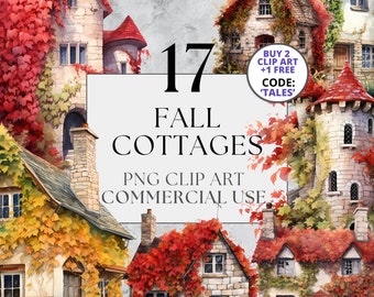Beautiful Fall Cottages Clipart, PNG, Full Commercial Use, Watercolor Cozy Autumn Cottagecore Clipart, with Instant Download, English Houses