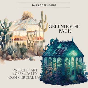 May include: Two watercolor illustrations of greenhouses. The first greenhouse is a traditional glass structure with a desert landscape inside. The second greenhouse is a dark green structure with a starry night sky inside. The text "GREENHOUSE PACK" is written in black letters on a white background.