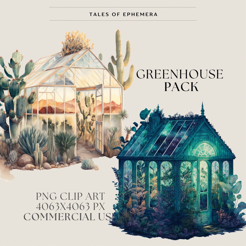 May include: Two watercolor illustrations of greenhouses. The first greenhouse is a traditional glass structure with a desert landscape inside. The second greenhouse is a dark green structure with a starry night sky inside. The text "GREENHOUSE PACK" is written in black letters on a white background.