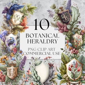 10 pacchetto di clipart di araldica botanica, PNG, bellissima clipart da favola, acquerello, download istantaneo, uso commerciale completo, stemma di famiglia PNG