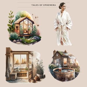 10 Cozy Cabin Spa Clipart - Cottagecore Clipart, Wellness Selfcare Clipart, Watercolor, Instant Download, Full Commercial Use, PNG Clipart image 3
