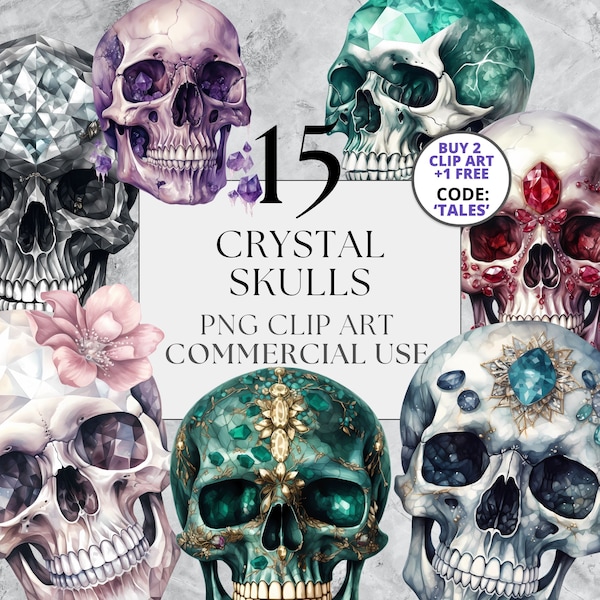 15 Crystal Skulls Clipart Pack, Clipart aquarelle PNG avec utilisation commerciale complète, téléchargement immédiat, Fantasy squelette Clipart, Clipart Pirate