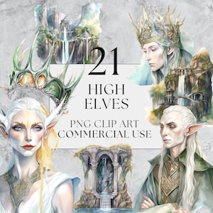 21 pack Clipart elfes hauts, PNG aquarelle Clipart avec utilisation commerciale complète, téléchargement immédiat, Fantasy D & D Clipart, Seigneur des anneaux