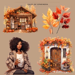 May include: A digital illustration of a cozy autumn scene with a small cottage, a woman holding a cup of coffee, and a door covered in fall leaves. The illustration is titled "Tales of Ephemera".