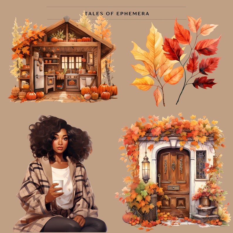 May include: A digital illustration of a cozy autumn scene with a small cottage, a woman holding a cup of coffee, and a door covered in fall leaves. The illustration is titled "Tales of Ephemera".