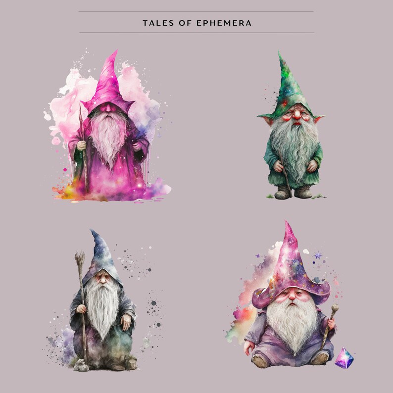 May include: Four watercolor illustrations of gnomes wearing pointed hats and robes. Each gnome has a long white beard and holds a staff. The gnomes are surrounded by watercolor splatters in various colors.