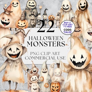 22 Halloween Monsters Clipart Pack, PNG Watercolor Clipart with Full Commercial Use Instant Download, Spooky Scary Cute Creatures Clipart