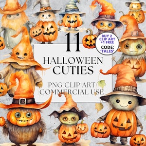 Halloween Cuties Clipart Pack, PNG Watercolor Clipart with Full Commercial Use Instant Download, Spooky Monsters Cute Creatures Clipart
