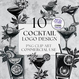 10 Cocktail Logo Design Clipart - Clipart di bevande alimentari in linoleografia classica vintage, incisione di cocktail, download istantaneo, uso commerciale completo
