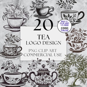 Tea Logo Design Clipart, Line Art Linocut Clipart, Food Clipart, Hot Drinks Clipart, Engraving, Instant Download, Full Commercial Use, PNG