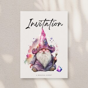 May include: Invitation card with a watercolor illustration of a purple and pink gnome wearing a wizard hat and holding a staff. The gnome is sitting on a cloud with stars and a purple gem. The text "Invitation" is at the top of the card and "A Magical Event" is at the bottom.