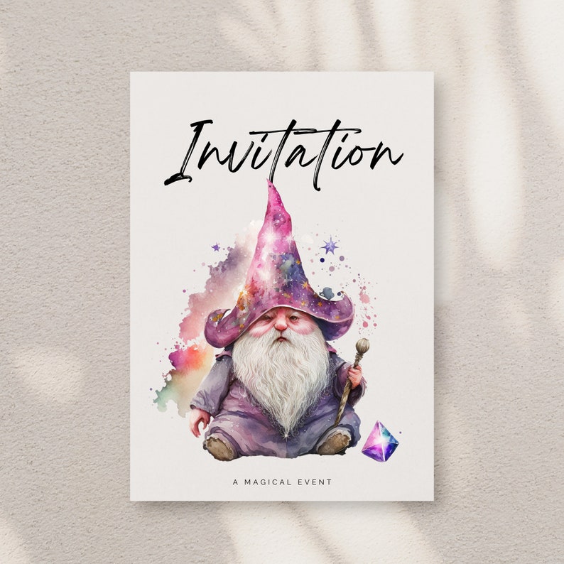 May include: Invitation card with a watercolor illustration of a purple and pink gnome wearing a wizard hat and holding a staff. The gnome is sitting on a cloud with stars and a purple gem. The text "Invitation" is at the top of the card and "A Magical Event" is at the bottom.