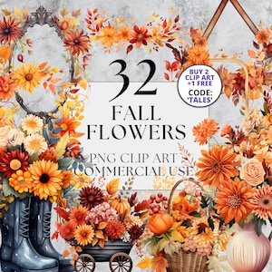 Op de afbeelding: Een digitale illustratie van 32 clip art-afbeeldingen van herfstbloemen. De bloemen zijn in verschillende tinten oranje, geel, rood en bruin. De bloemen zijn gerangschikt in boeketten, manden en laarzen. De tekst "32 Herfstbloemen" staat in het midden van de afbeelding. De tekst "PNG Clip Art Commercieel Gebruik" staat onder de bloemen. De tekst "Koop 2 Clip Art + 1 Gratis Code: 'TALES'" staat in de rechterbovenhoek van de afbeelding.