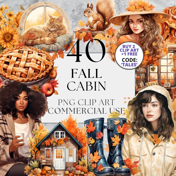 Fall Cabin Clipart, PNG, Full Commercial Use, Watercolor Cozy Autumn Clipart, with Instant Download, Cabincore, Cottagecore, Rainy Day