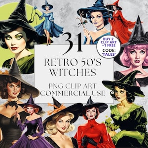 31 Retro Halloween Witches Clipart, PNG Clipart, 1950&#39;s Vintage Witch Clipart, Full Commercial Use Instant Download, 50&#39;s Pin-up Housewives