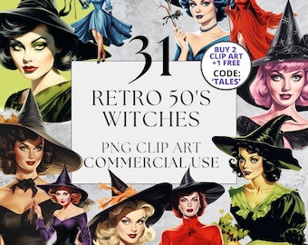 31 Clipart retrô de bruxas de Halloween, clipart PNG, clipart de bruxa vintage dos anos 50, download instantâneo para uso comercial completo, donas de casa pin-up dos anos 50