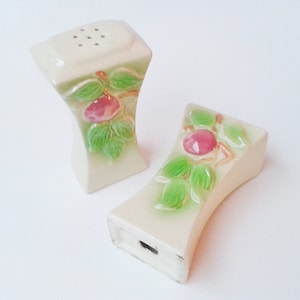 Salt and Pepper Shakers - Vintage Depression Era Salt and Pepper Shakers - Fruit Motif Salt and Pepper - White Pink and Green
