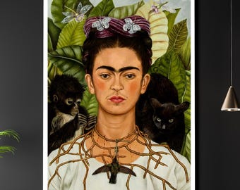 Frida Kahlo Self Portrait A3 A4 Fine Art Print. Thorn Necklace and Hummingbird. Classic Feminist Painter