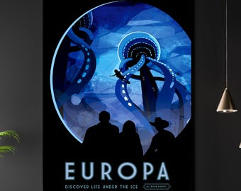 Retro Sci-Fi Europa Travel Poster | Futuristic Space Moon Art Print | Space X Wall Art for Tech Lovers & Sci-Fi Fans | A3 A4 Print