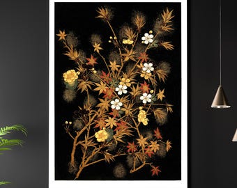 Japanese Autumn Flowers A3 A4 Fine Art Print. Vintage Wood Block Lithograph Illustration. Classic Home Decor Oriental Antique Nature Anime