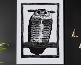 Horned Owl A3 A4 Fine Art Print. Vintage Natural World Illustration. Victorian Classic Home Decor. Gothic Linocut Woodcut Ink Technique