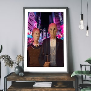 American Gothic 90 Years Later A3 A4 Art Print. Classical 1930s Painting of US Mid West Farmers Portrait Times Square Neon Pink City Scape