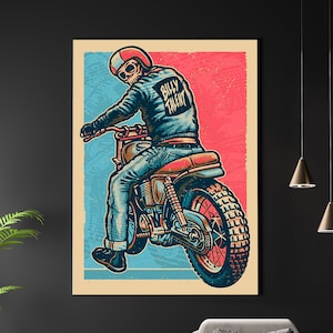 May include: A vintage-style illustration of a skeleton riding a motorbike. The skeleton is wearing a leather jacket with the words "Billy Talent" on the back. The motorbike is blue and red with a large tyre at the back.