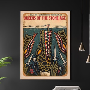 QOTSA REPRODUCCIÓN Gig Poster Matte A3 A4 Art Print. Reinas de la Edad de Piedra. Concierto de rock metal vintage. Nueva Orleans. caimanes fumando