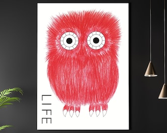 Póster LIFE A3 A4 Impresión de arte mate. Artista japonés Kazumasa Nagai. Pintura de pájaro abstracto loco. Quizás un búho, ¿quién sabe?