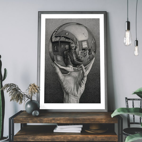 Hand with Reflecting Sphere by MC Escher. Vintage A3 A4 Art Print . Drawing, Sketch Optical Illusion, Self Portrait Squid Game Gift