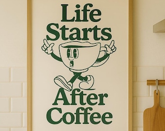 以下が含まれることがあります： 「Life Starts After Coffee」の文字と漫画のコーヒーカップのキャラクターが描かれた額入りのプリント。 キッチンにはコーヒーメーカー、木製の調理器具、パスタの入ったガラス瓶があります。
