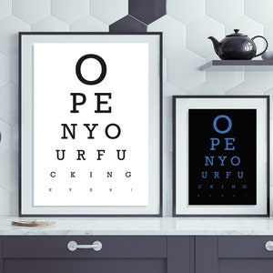 Poster Print Oogtest Vision Chart. Open je verdomde ogen. A4 A3 Art Print, groen roze blauw. Politieke grappige slogan zeggen