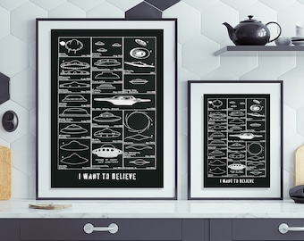 I Want To Believe UFO Art Print: Sci-Fi Flying Saucer Diagram
