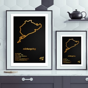 Nurburgring Gold Track Map - A3 A4 Art Print Only - Formule 1 - MotoGP - WEC - BTCC - Road Race - Superbike - Zwart - Goud - Stats