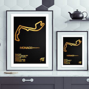 Monaco Gold Track Map - A3 A4 Art Print Only - Formule 1 - MotoGP - WEC - BTCC - Road Race - Superbike - Zwart - Goud - Stats - Monte Carlo